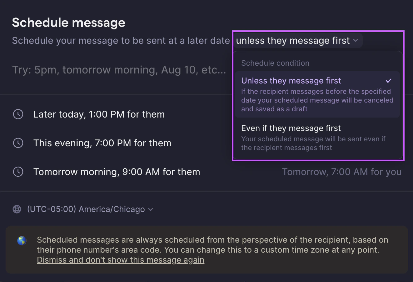 Delivery condition settings for scheduled messages