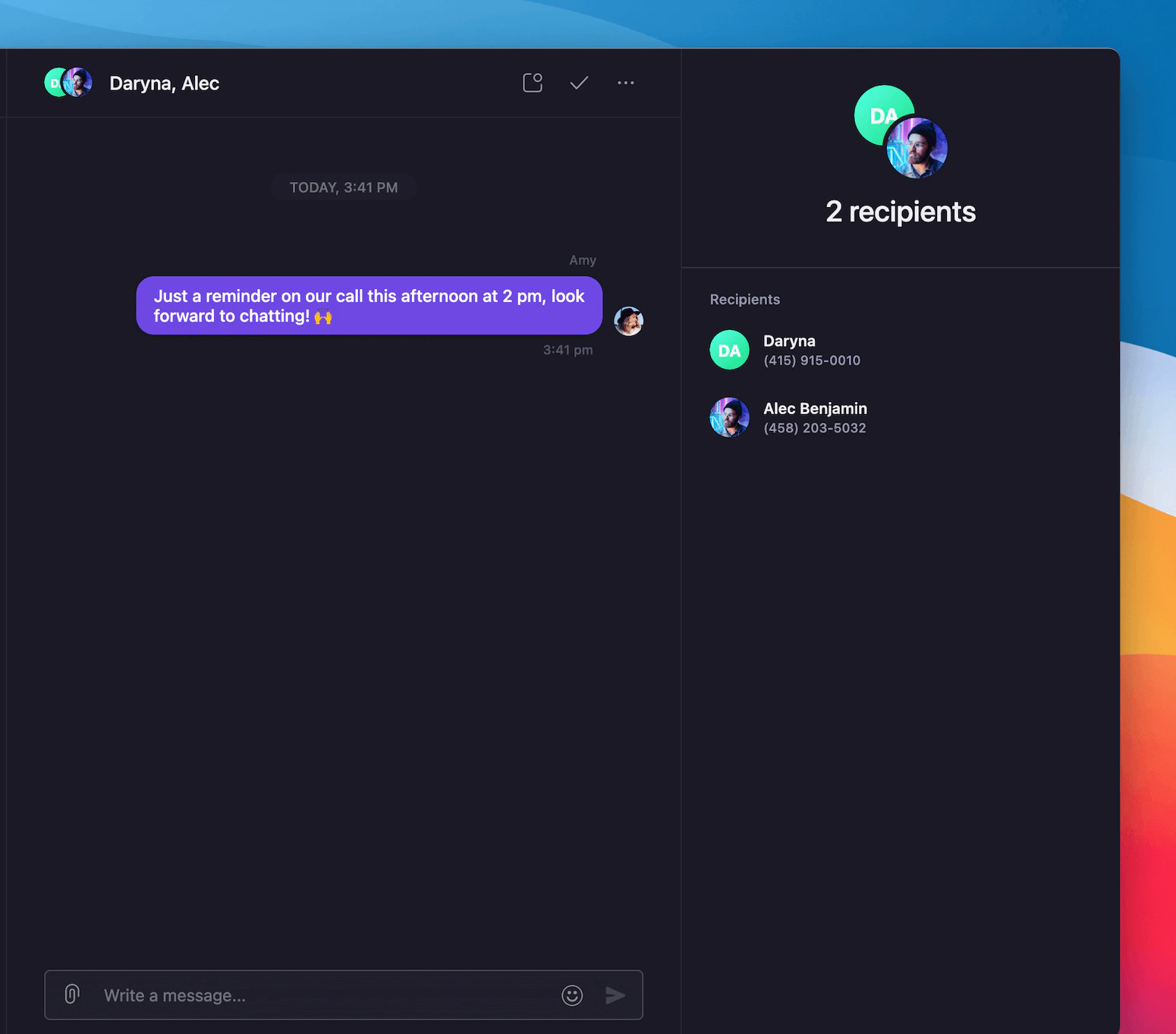 Example of a group text message sent through Quo