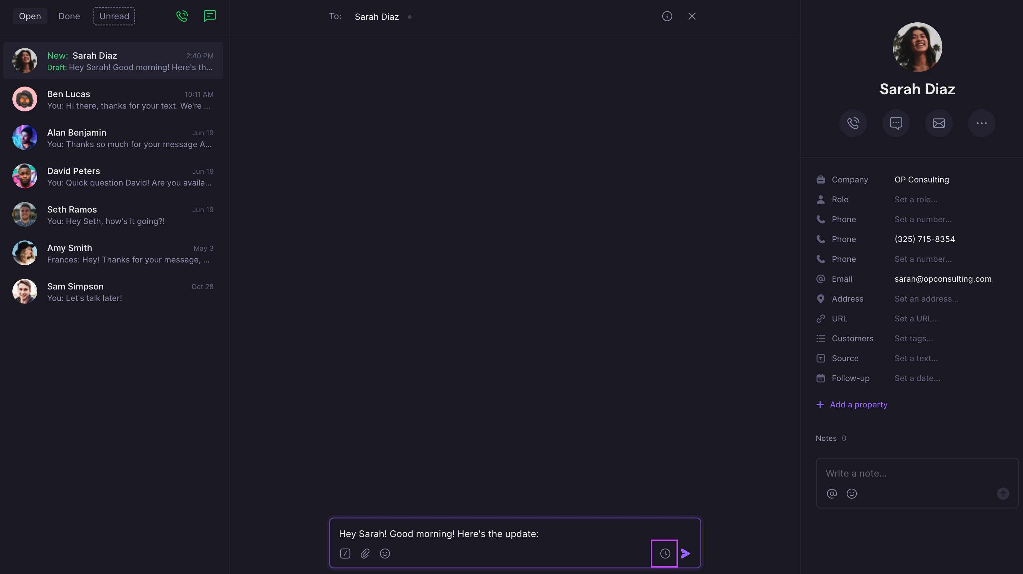 Scheduling interface in Quo web app