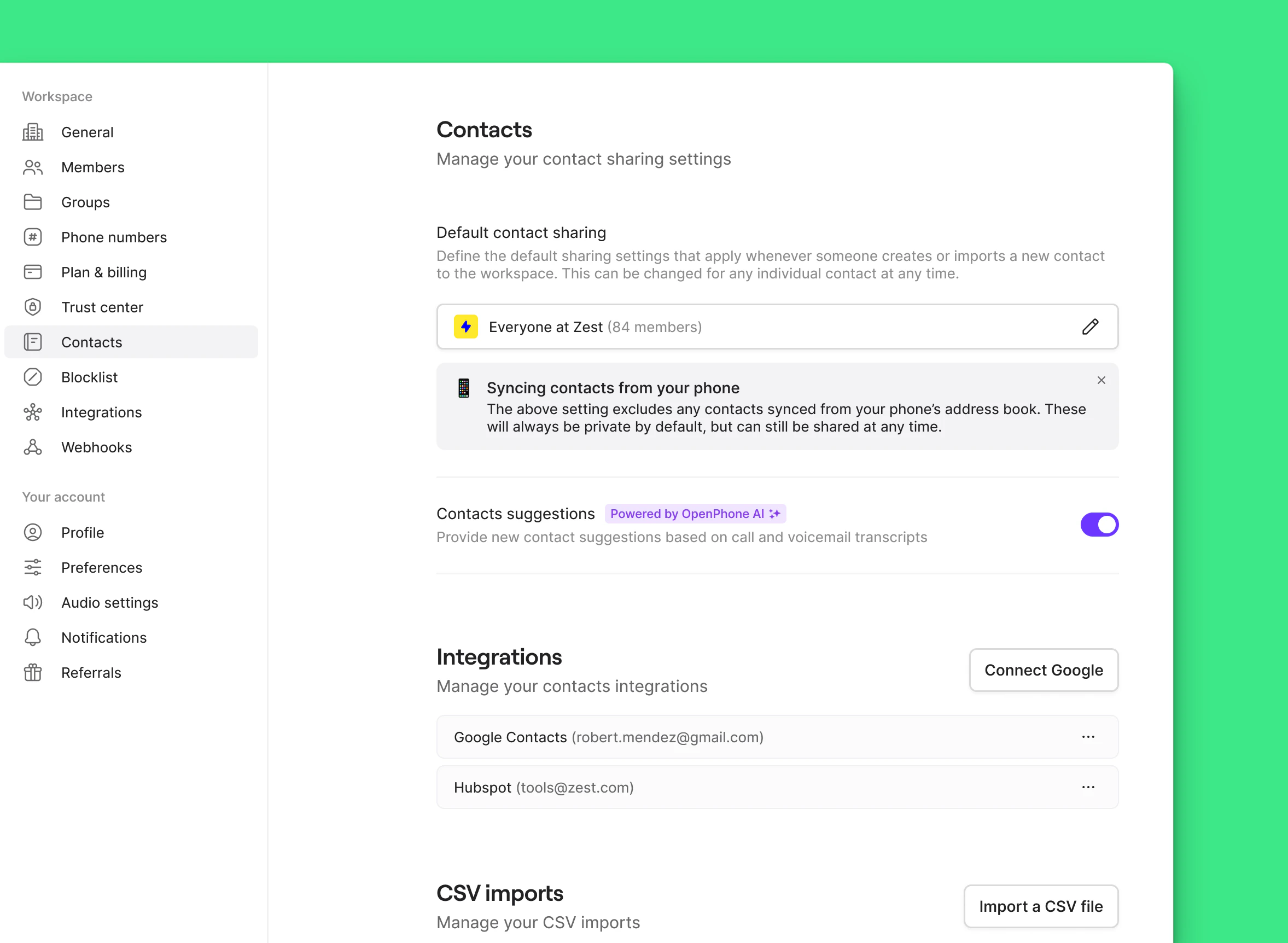 AI contact suggestions settings interface