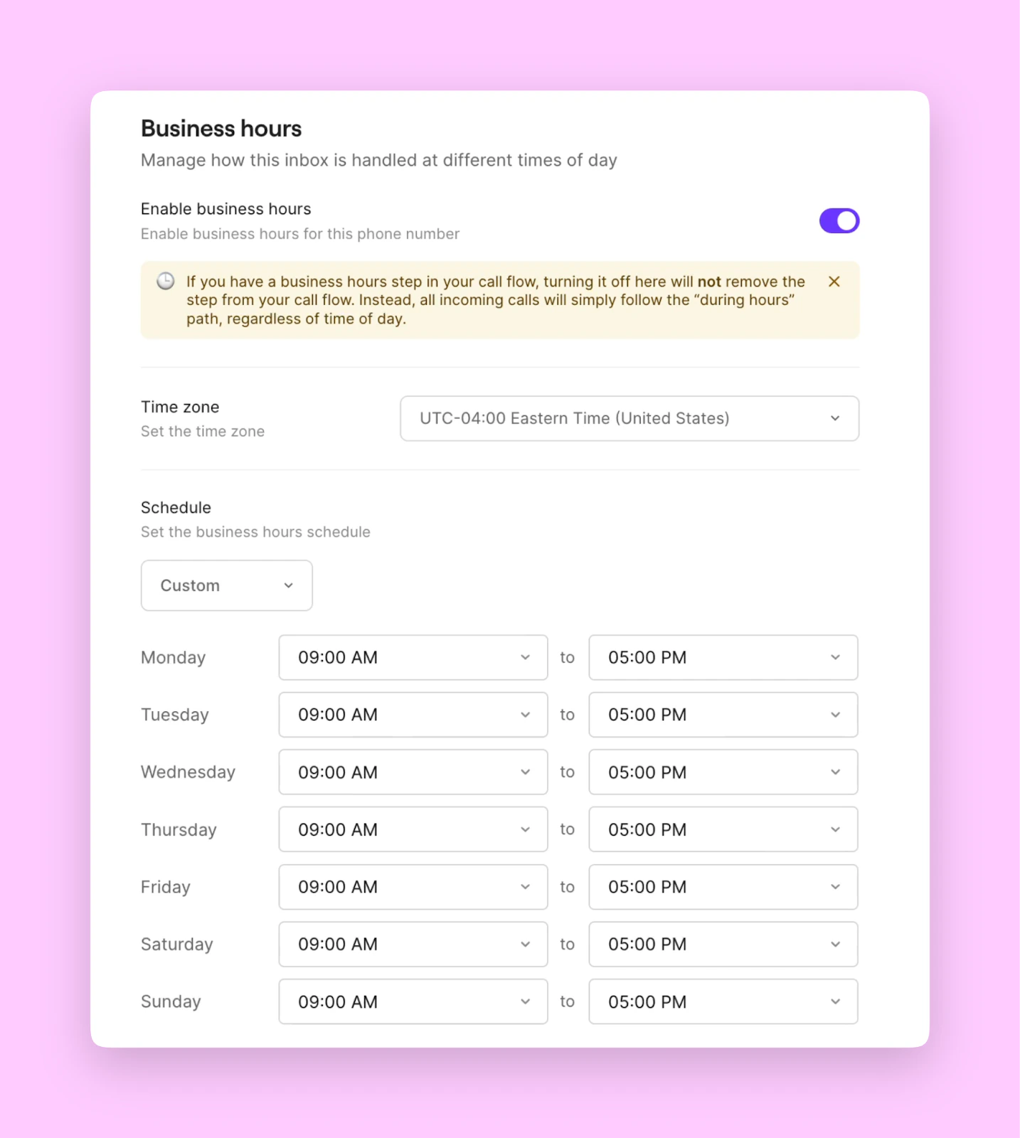 Complete call flow with business hours routing
