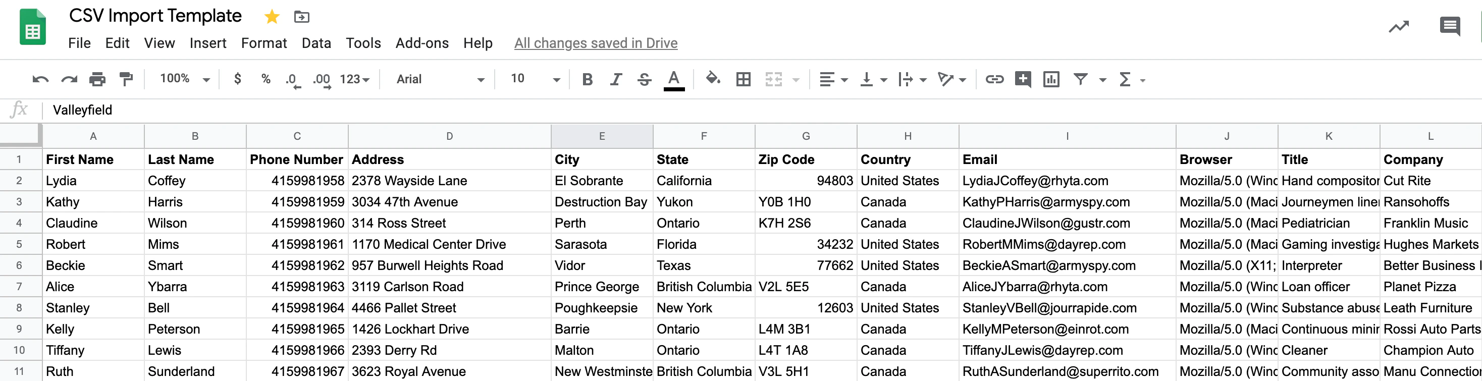 Sample CSV file on Google Sheets
