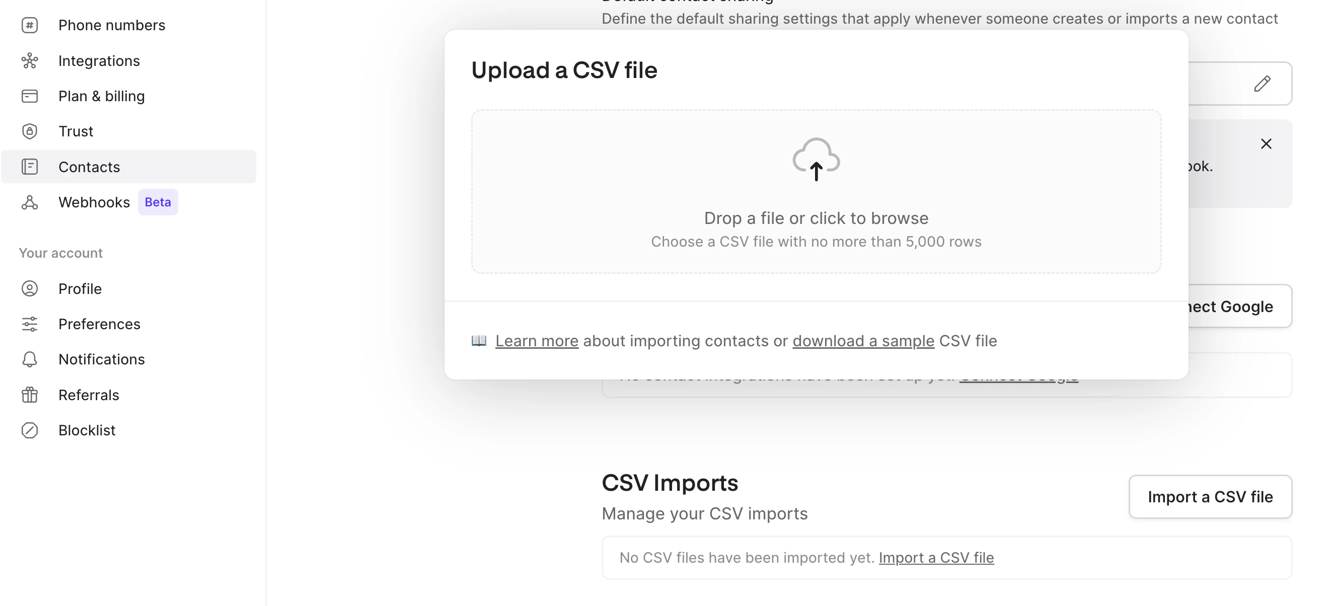 CSV upload interface