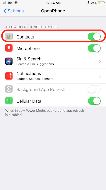 Turning off contacts access on iOS