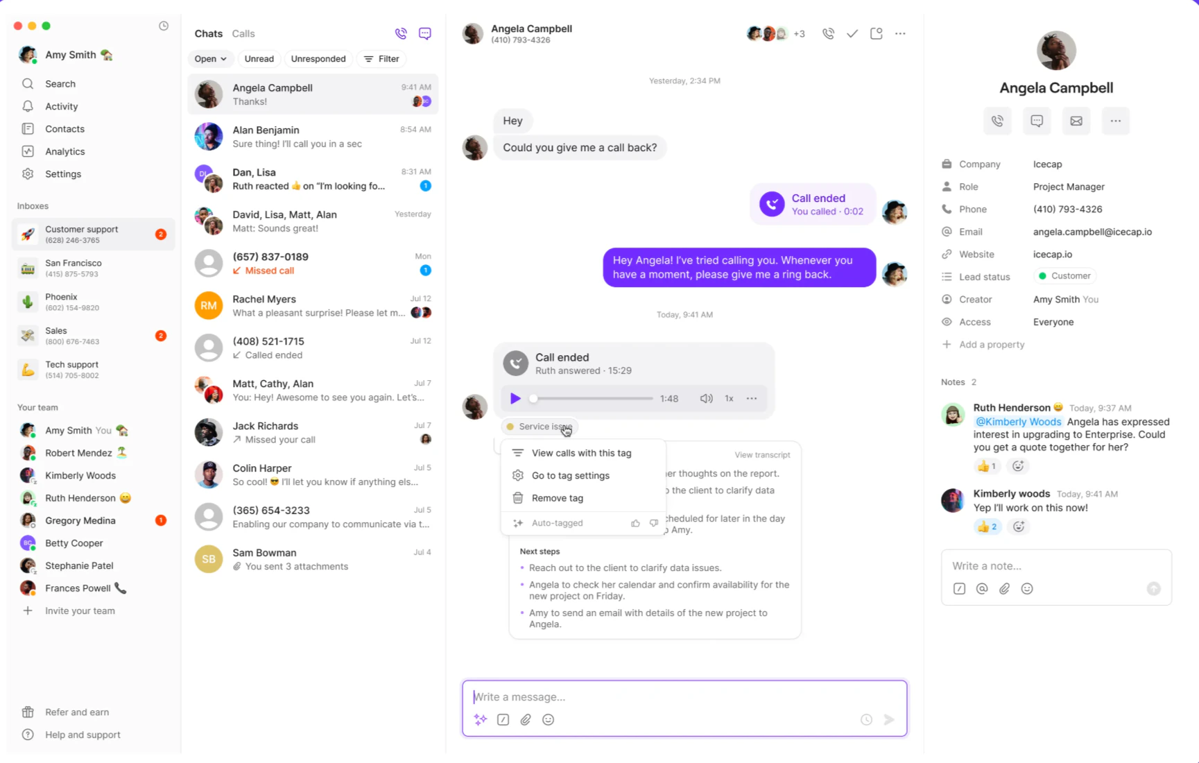 AI-applied tags shown on call interface