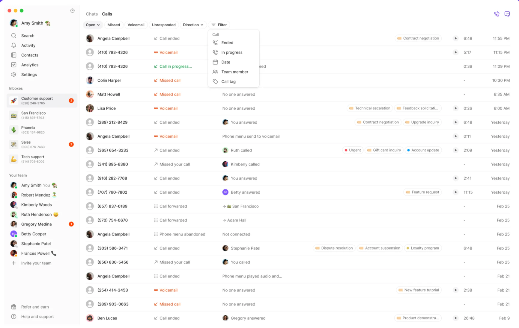 Filtering calls by tags in call views