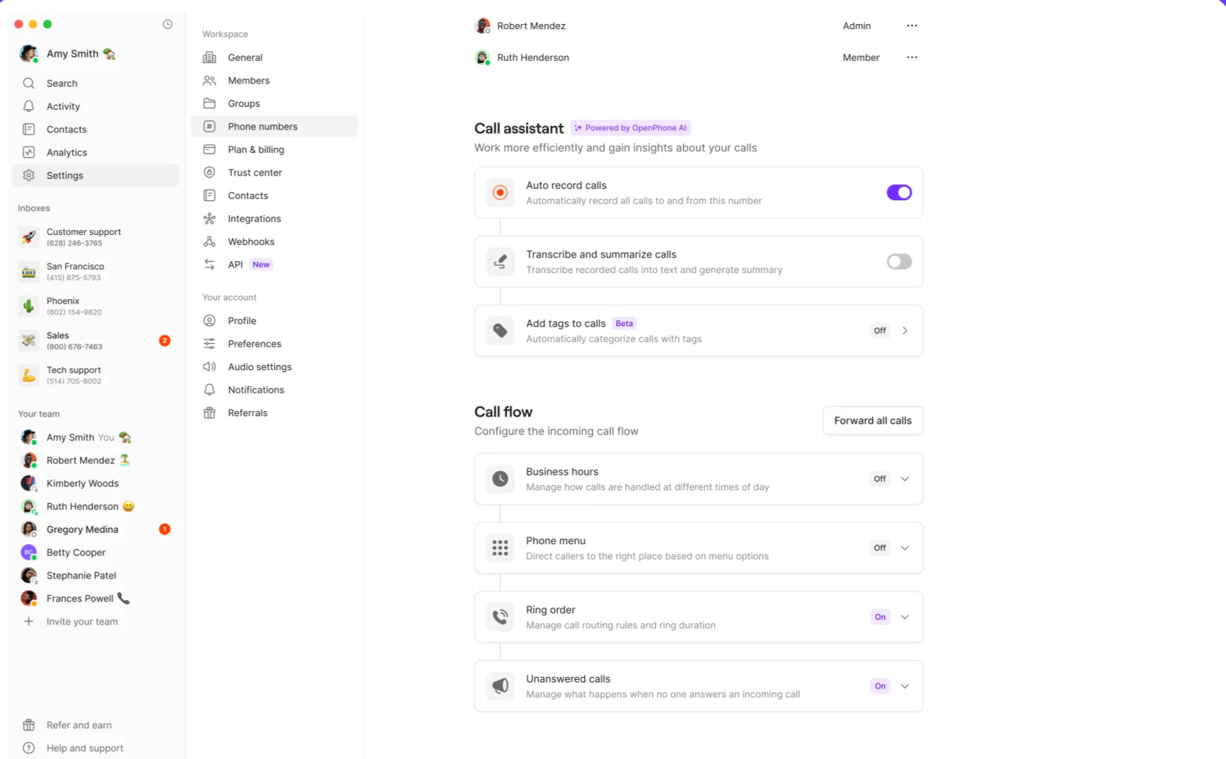 Enabling AI call tags in phone number settings