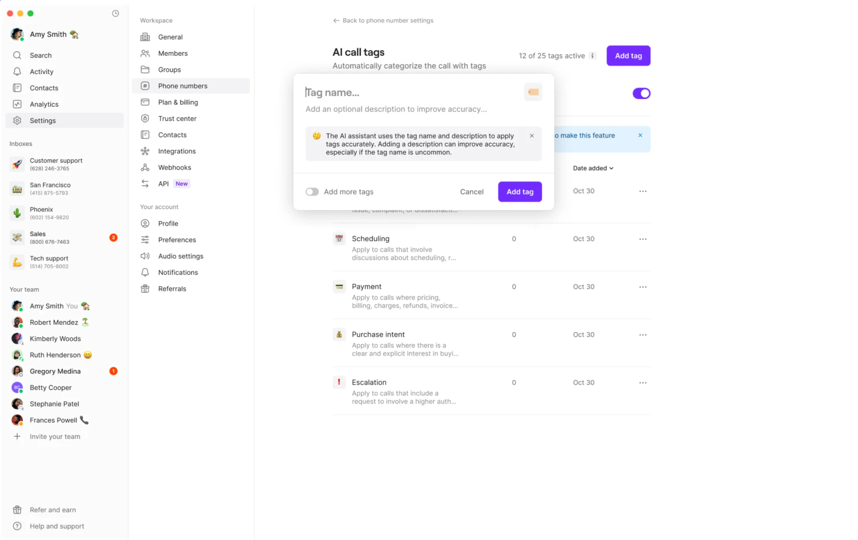 Creating custom AI call tags interface