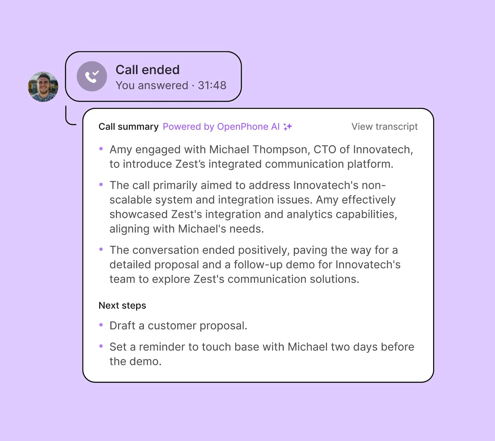 AI-generated call summary showing key insights