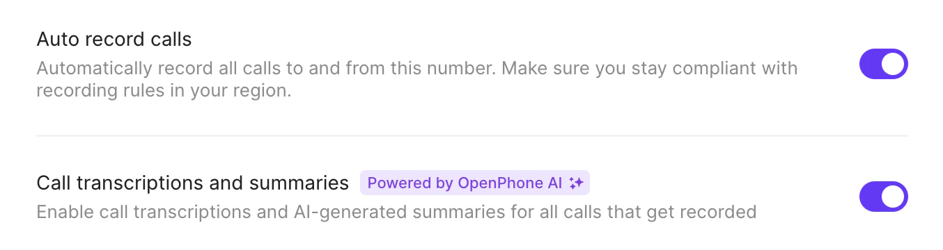 Call recording and AI features interface