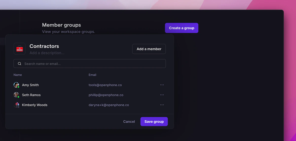 Creating a group in Quo, formerly OpenPhone, interface