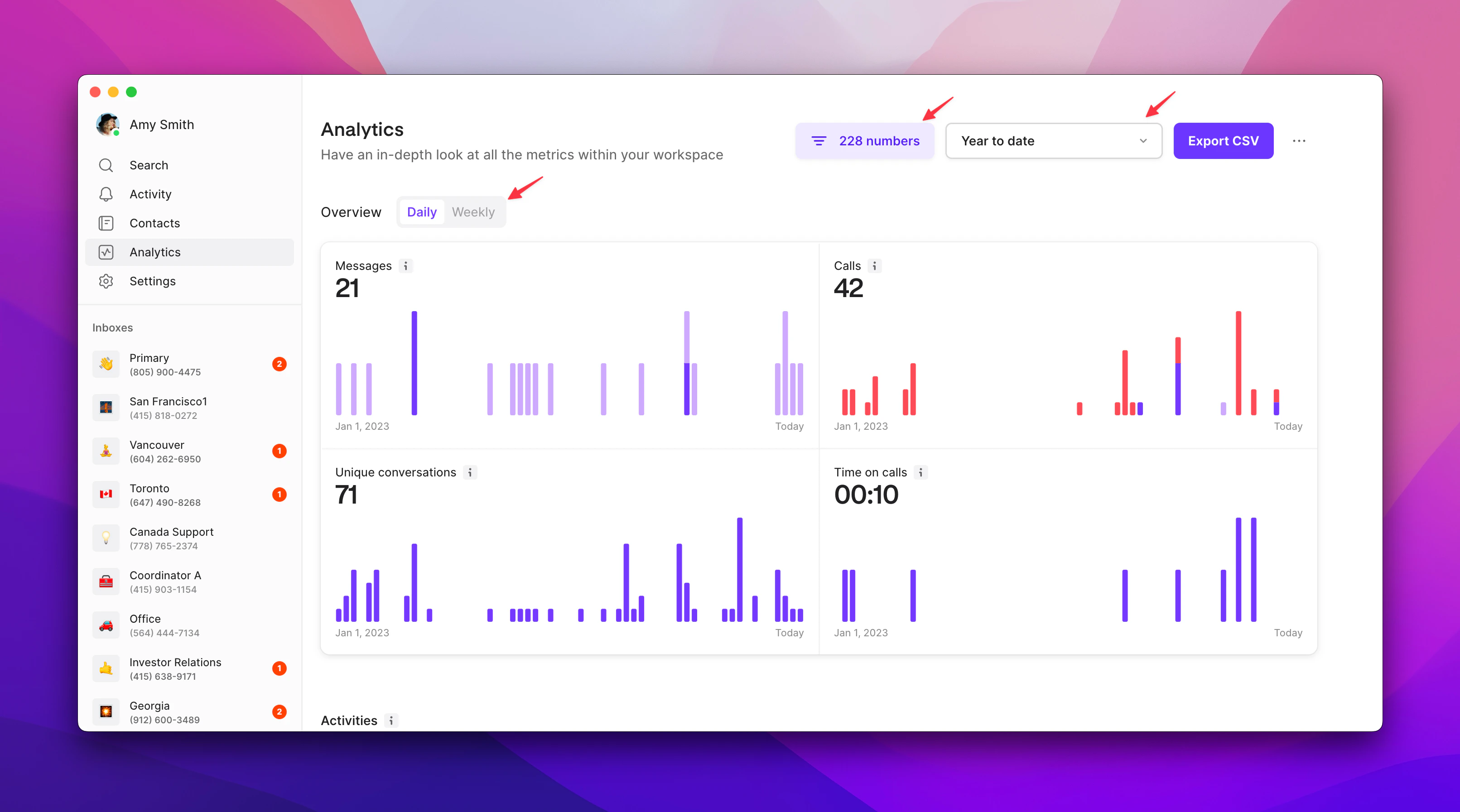 Analytics filtering options interface