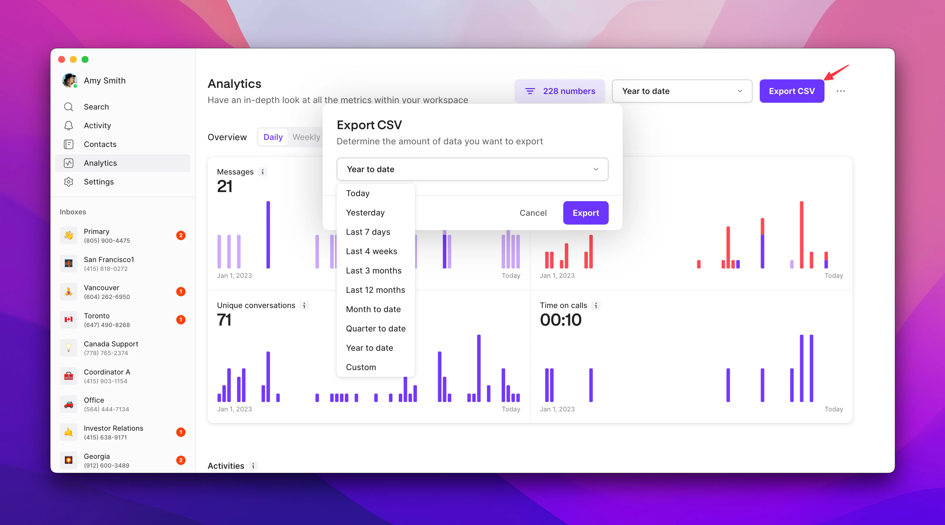 CSV export interface and options