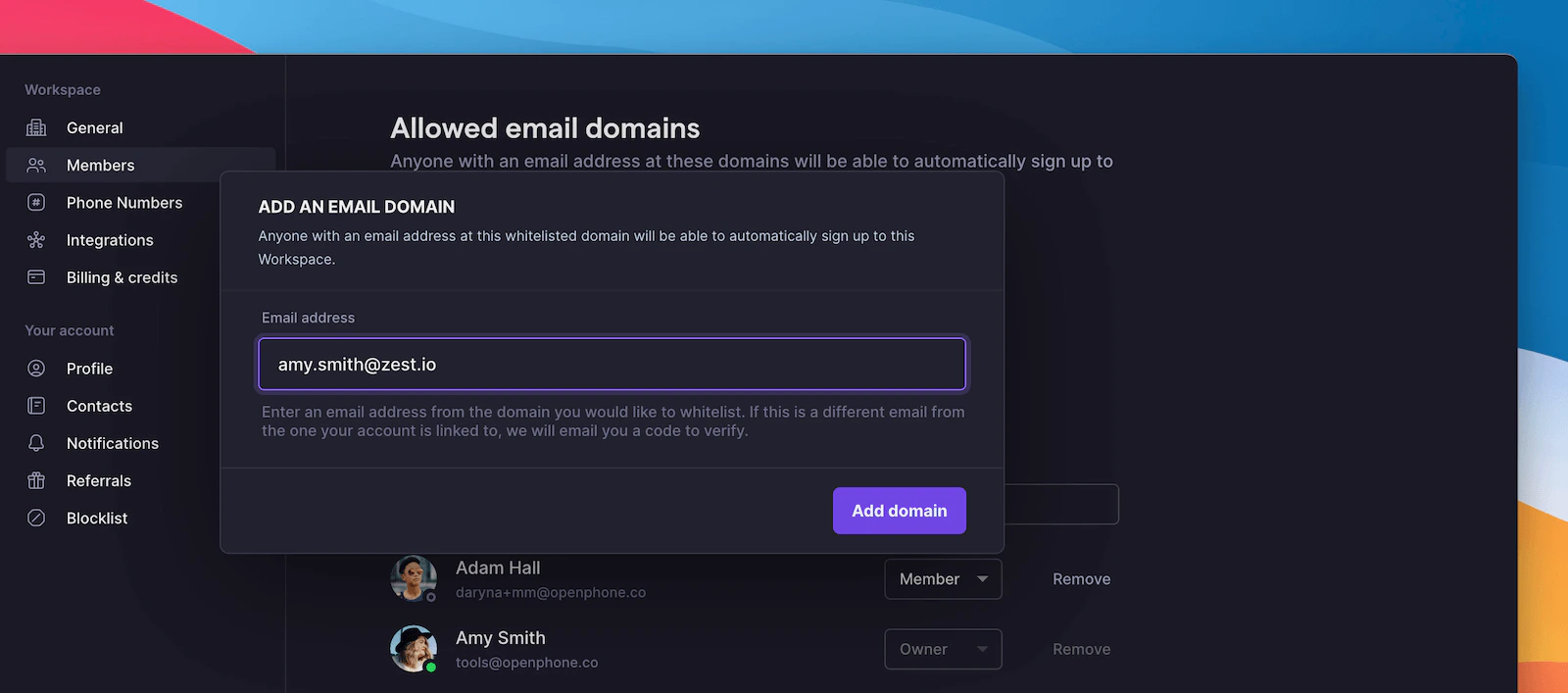 Email domain claiming interface