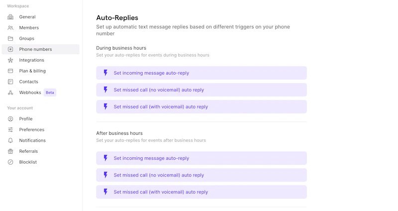 Setting up auto-replies in Quo, formerly OpenPhone, settings