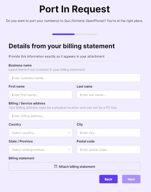Billing statement upload section