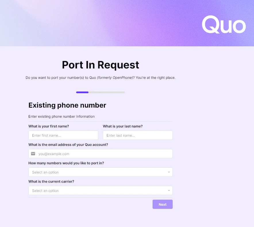 Port In Request form