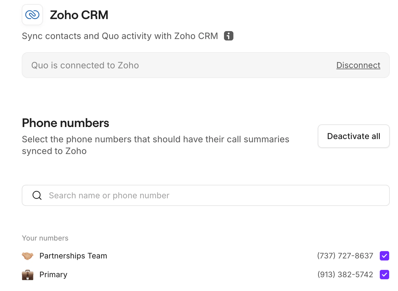Choose number to sync with Zoho CRM