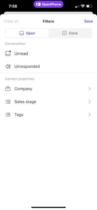 Selecting filter types on iOS