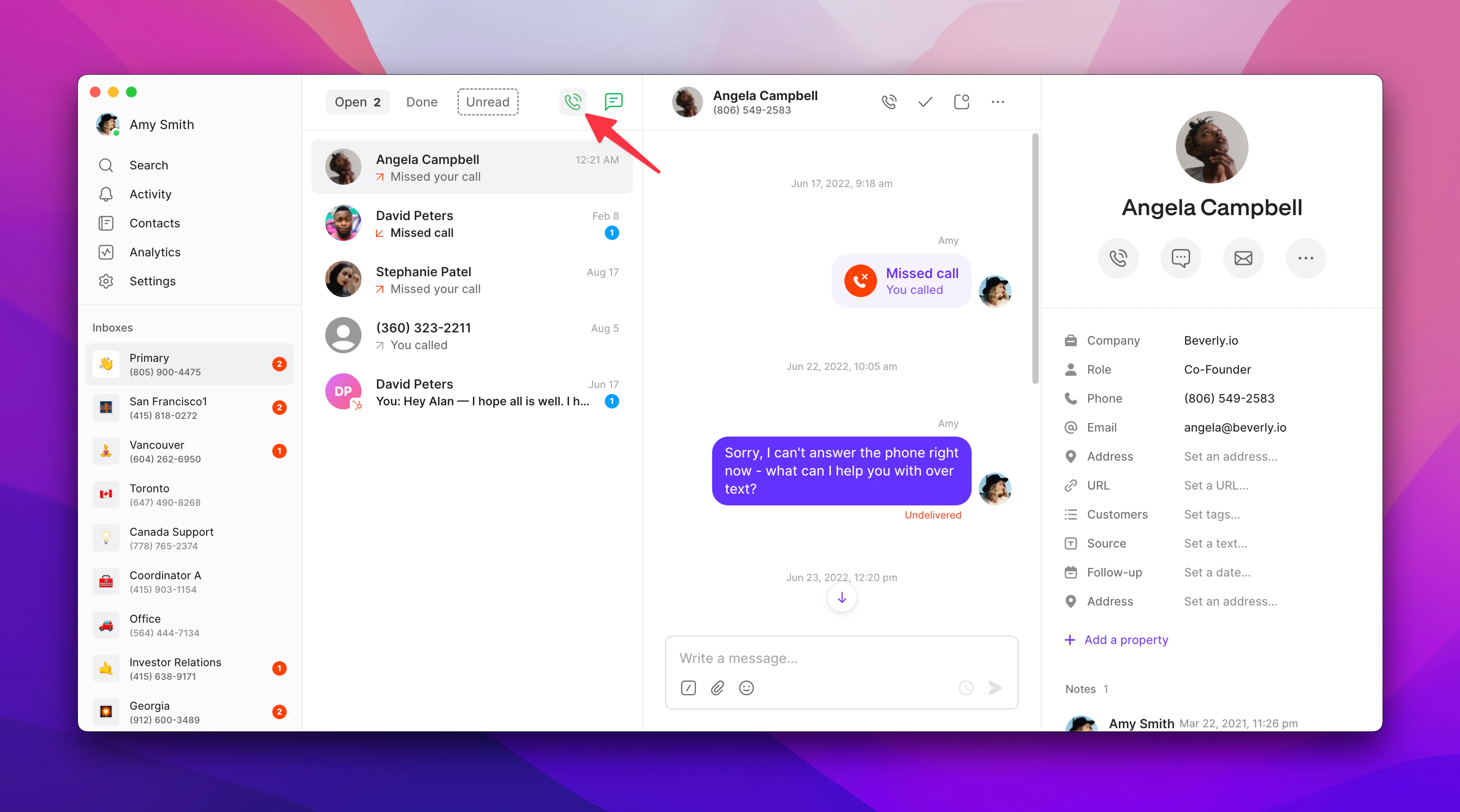 Call button location in Quo