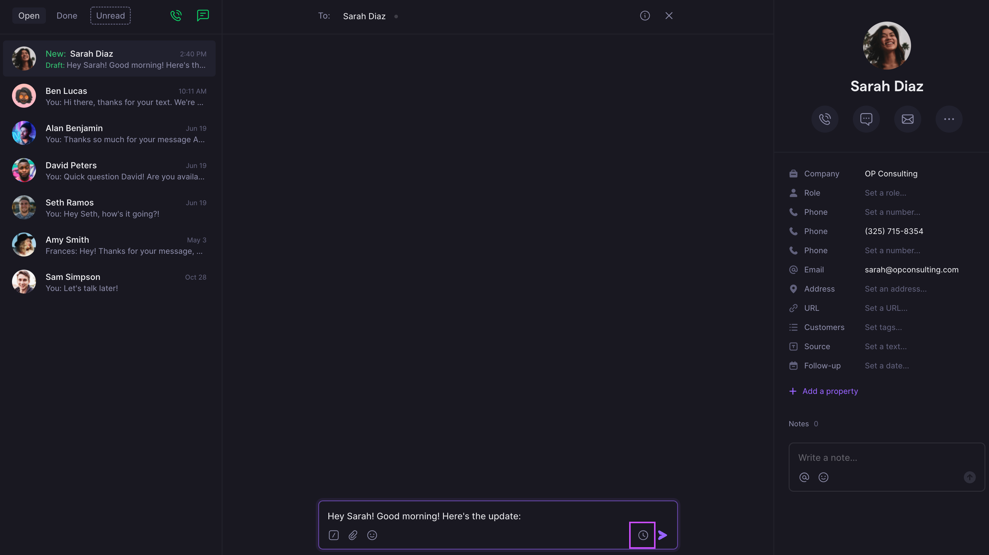 Scheduling interface in OpenPhone web app