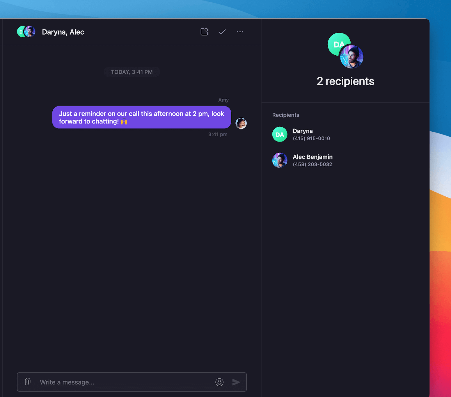 Exemple de message texte de groupe envoyé avec Quo