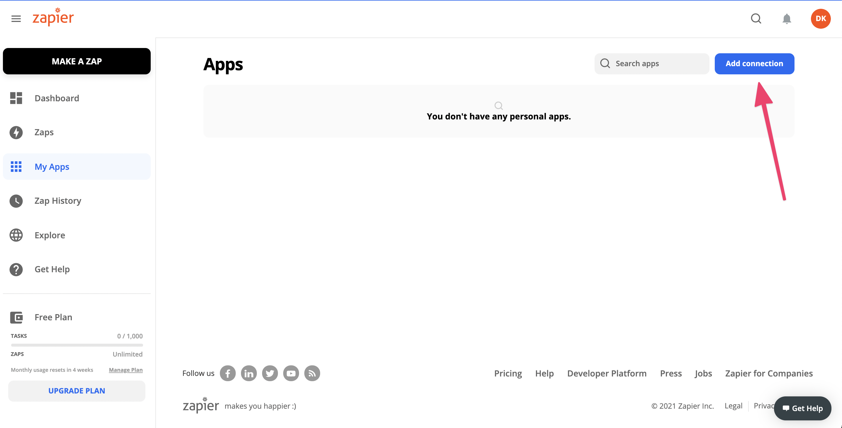 Zapier add connection interface