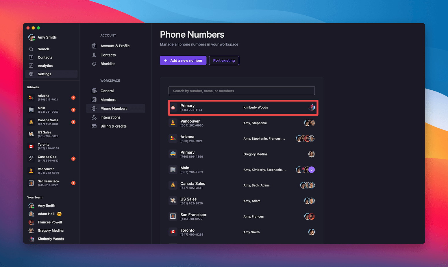 Interface des paramètres des numéros de téléphone