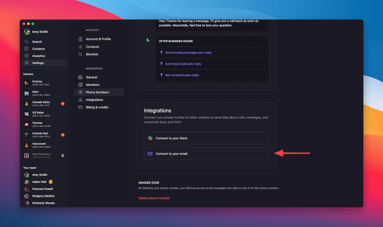 Interface de configuration de l’intégration par courriel