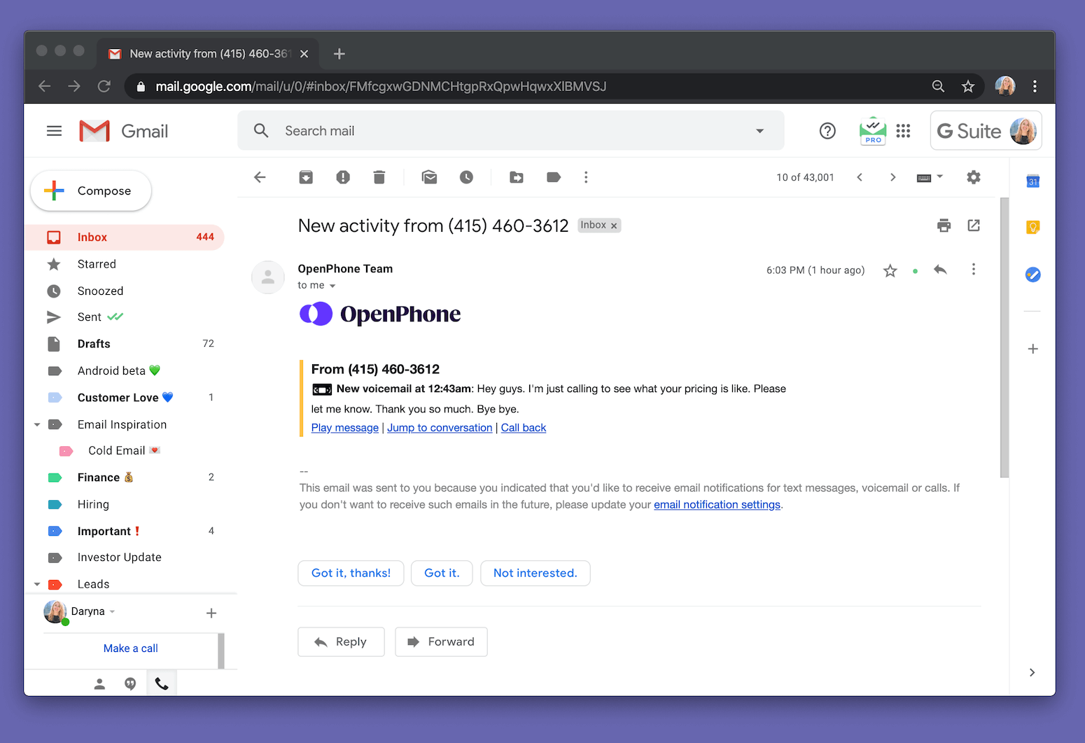 Exemple de notification de messagerie vocale dans la boîte de réception Gmail