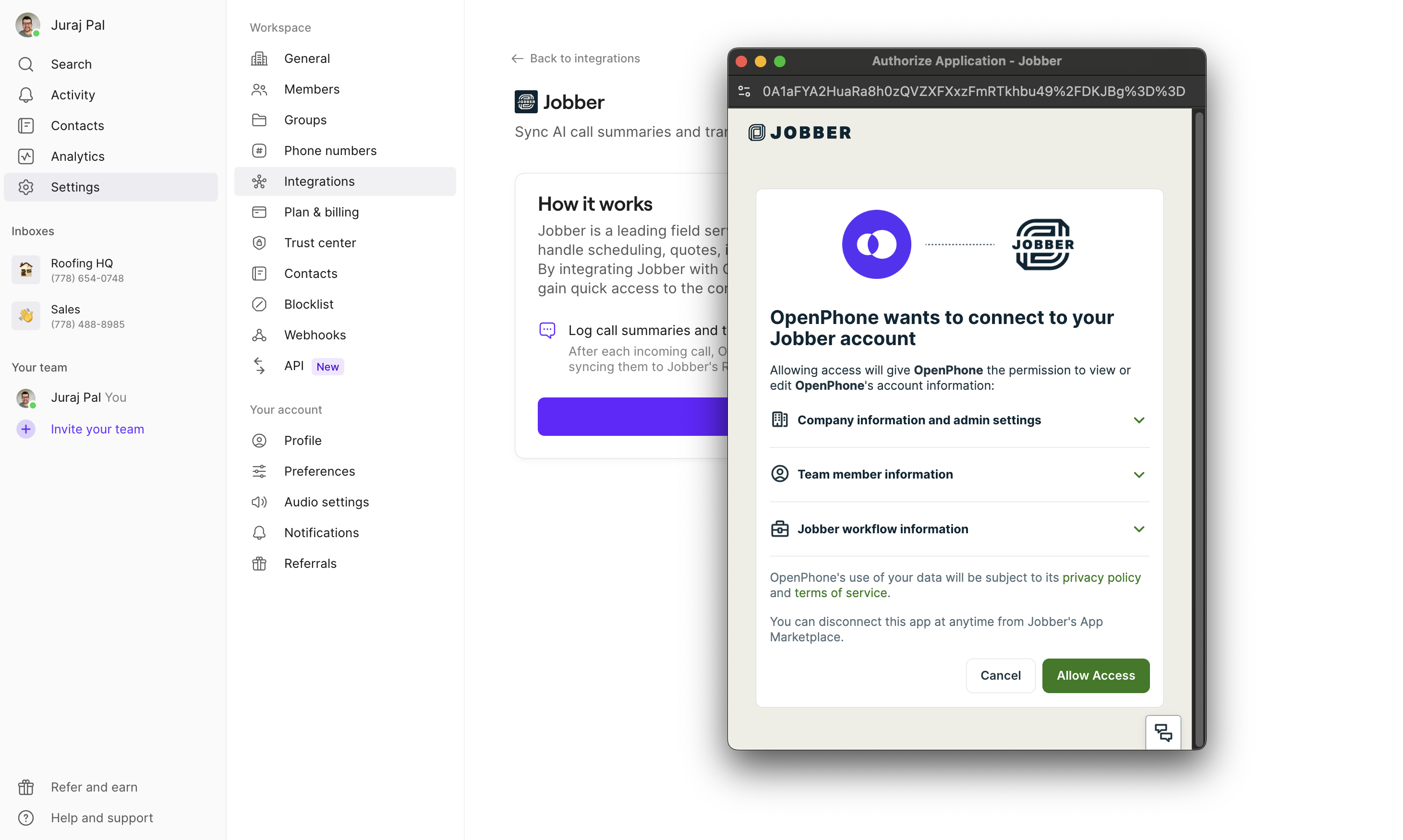 Configuración de la integración de Jobber en la configuración de Quo
