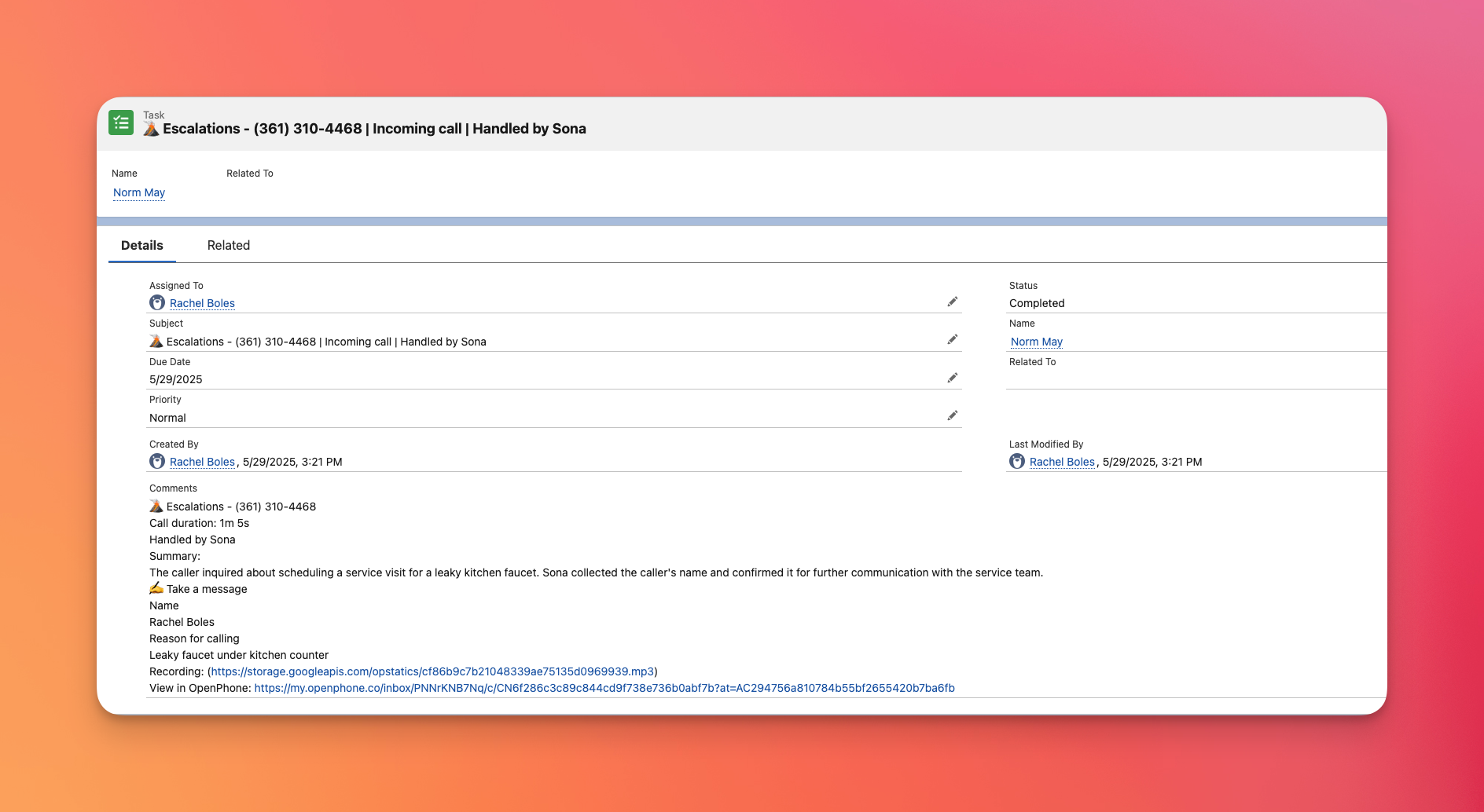 Résumé d’appel de Sona dans Salesforce