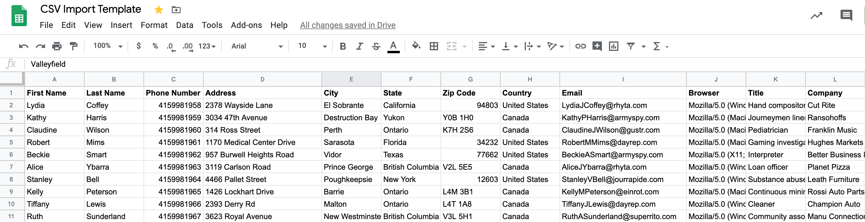 Archivo CSV de ejemplo en Google Sheets