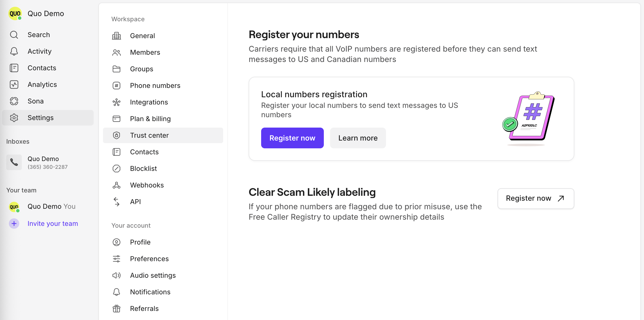 Pantalla del Centro de Confianza que muestra el botón “Register now”