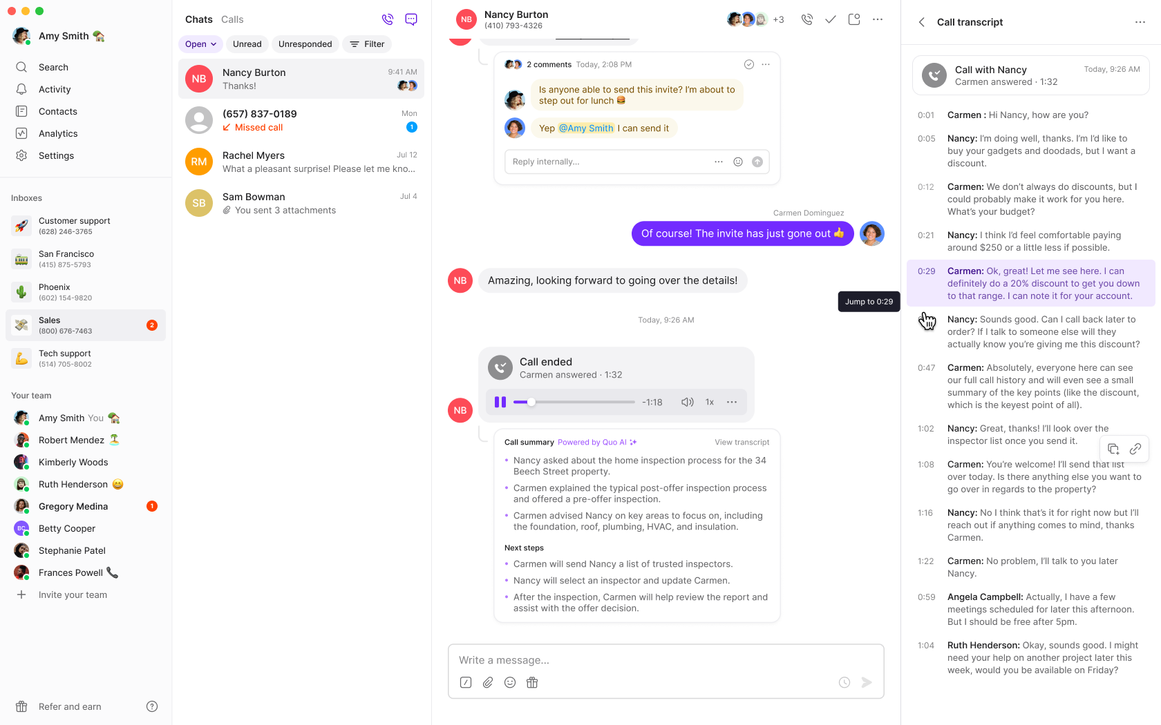 Call transcript and summary interface