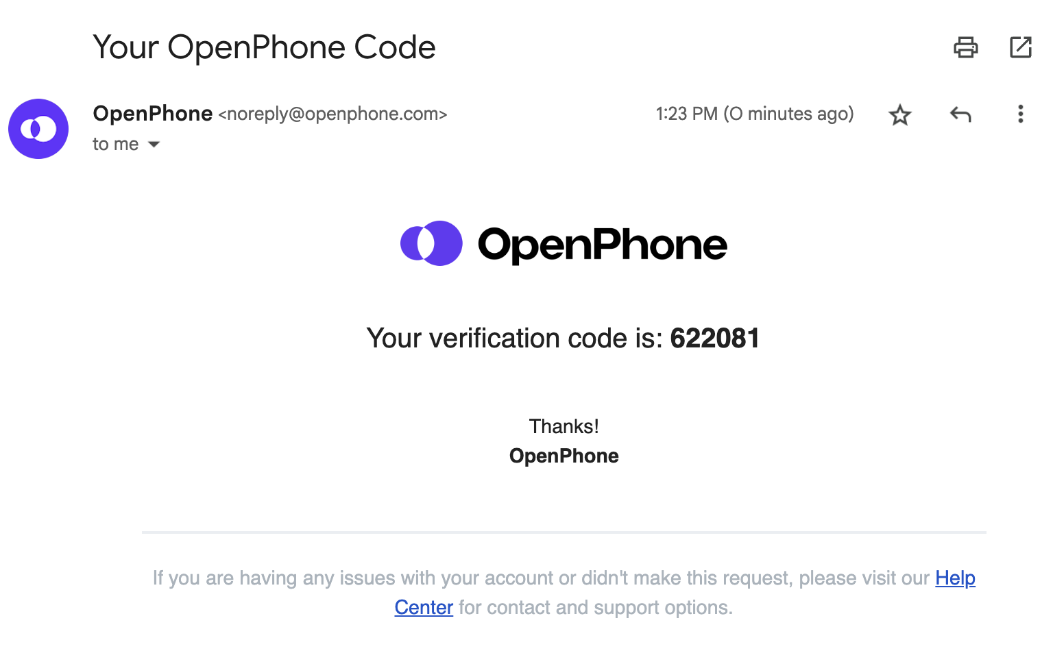 OpenPhone verification code email example