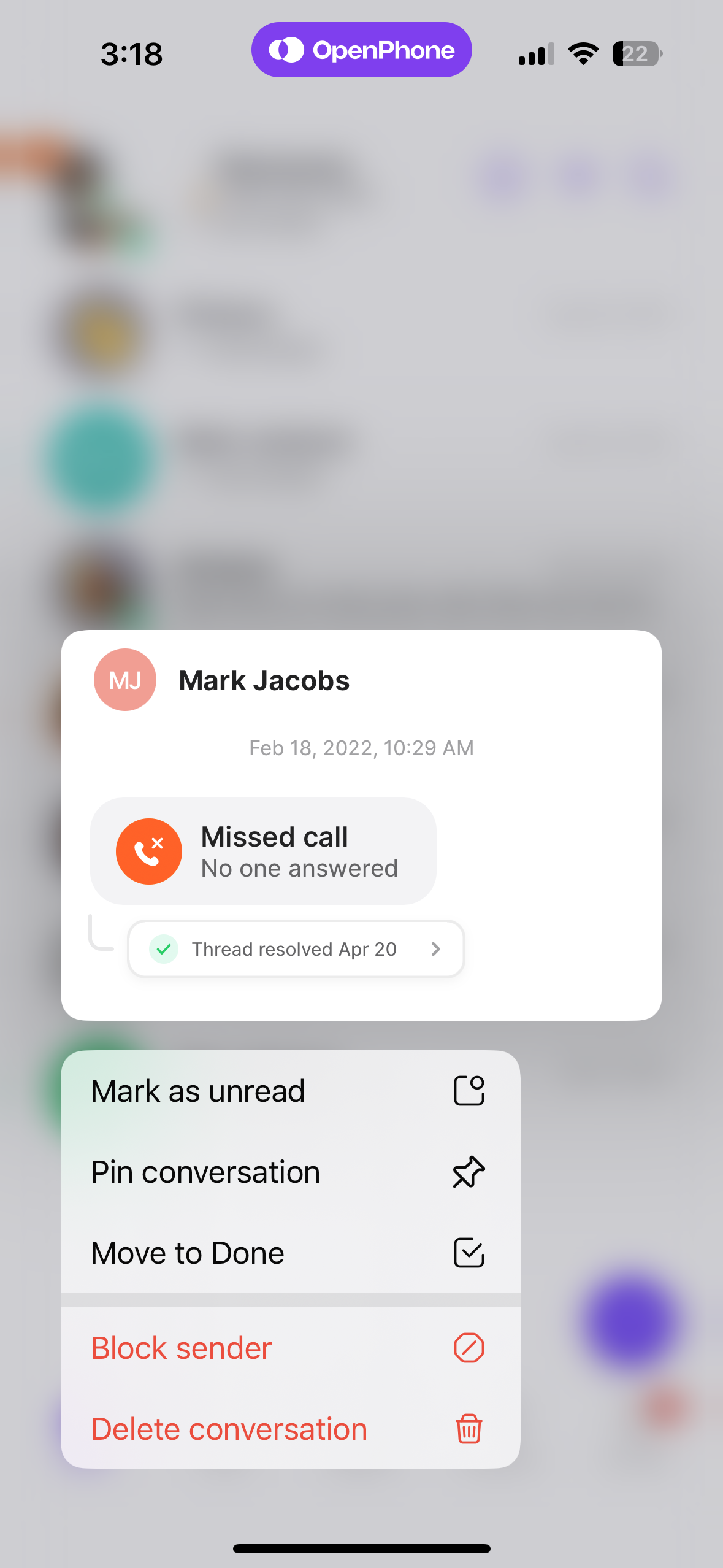 Menú para bloquear remitente en la app de OpenPhone para iOS