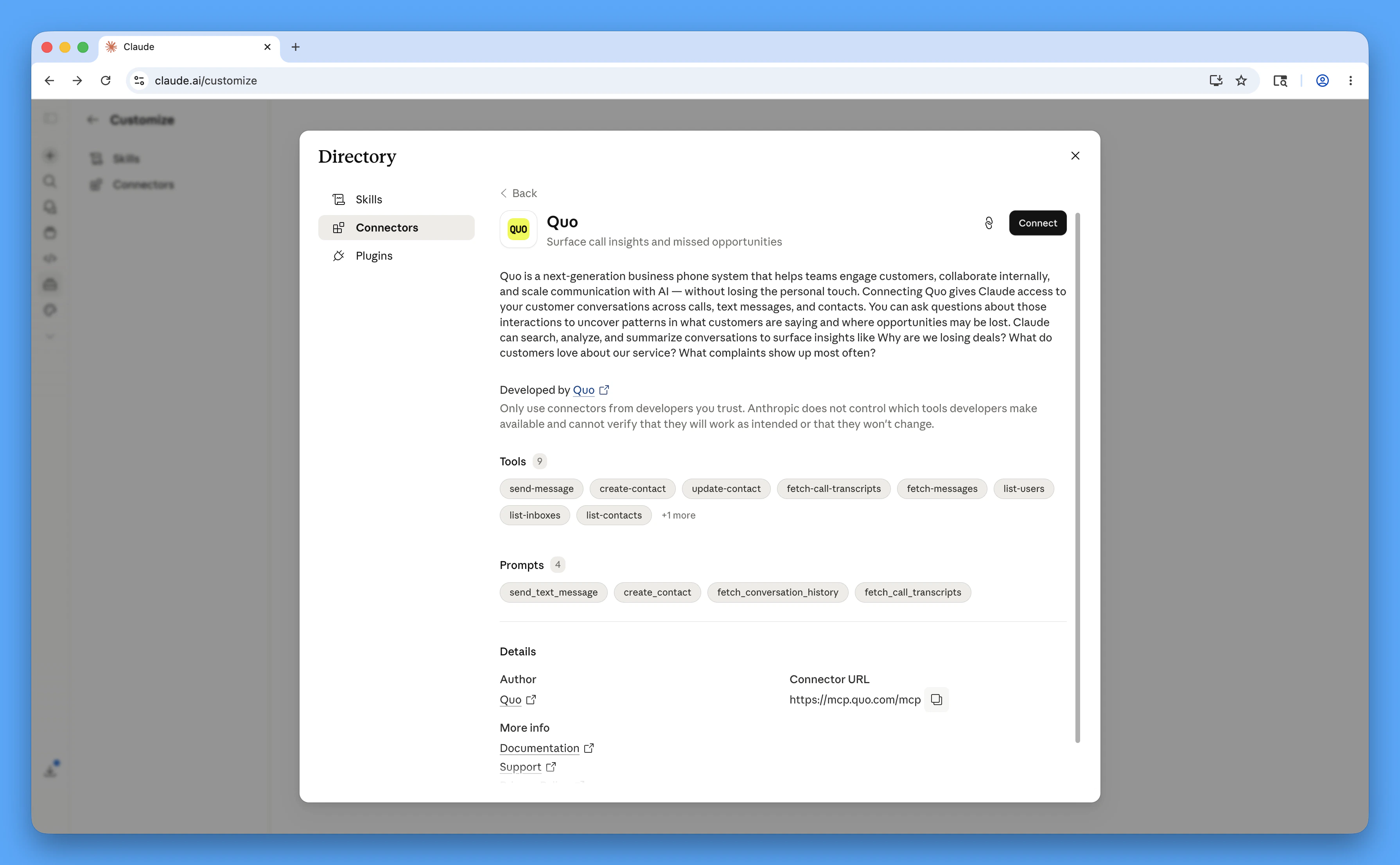 Quo app listing in Claude