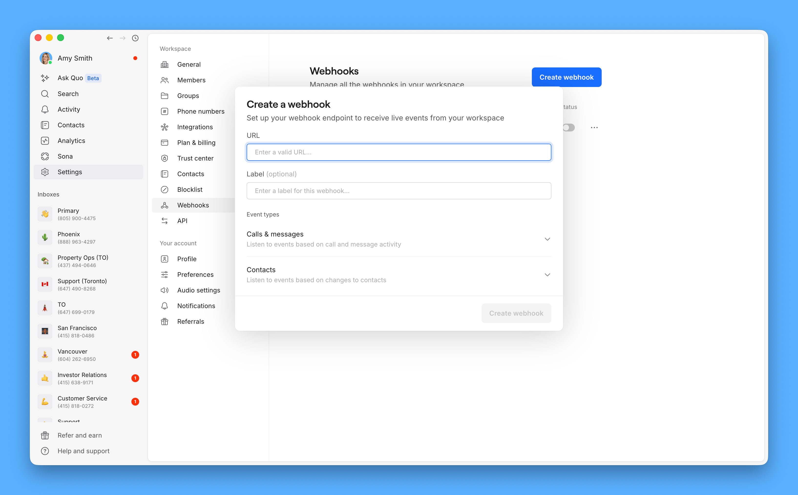 Webhook creation form in Quo settings