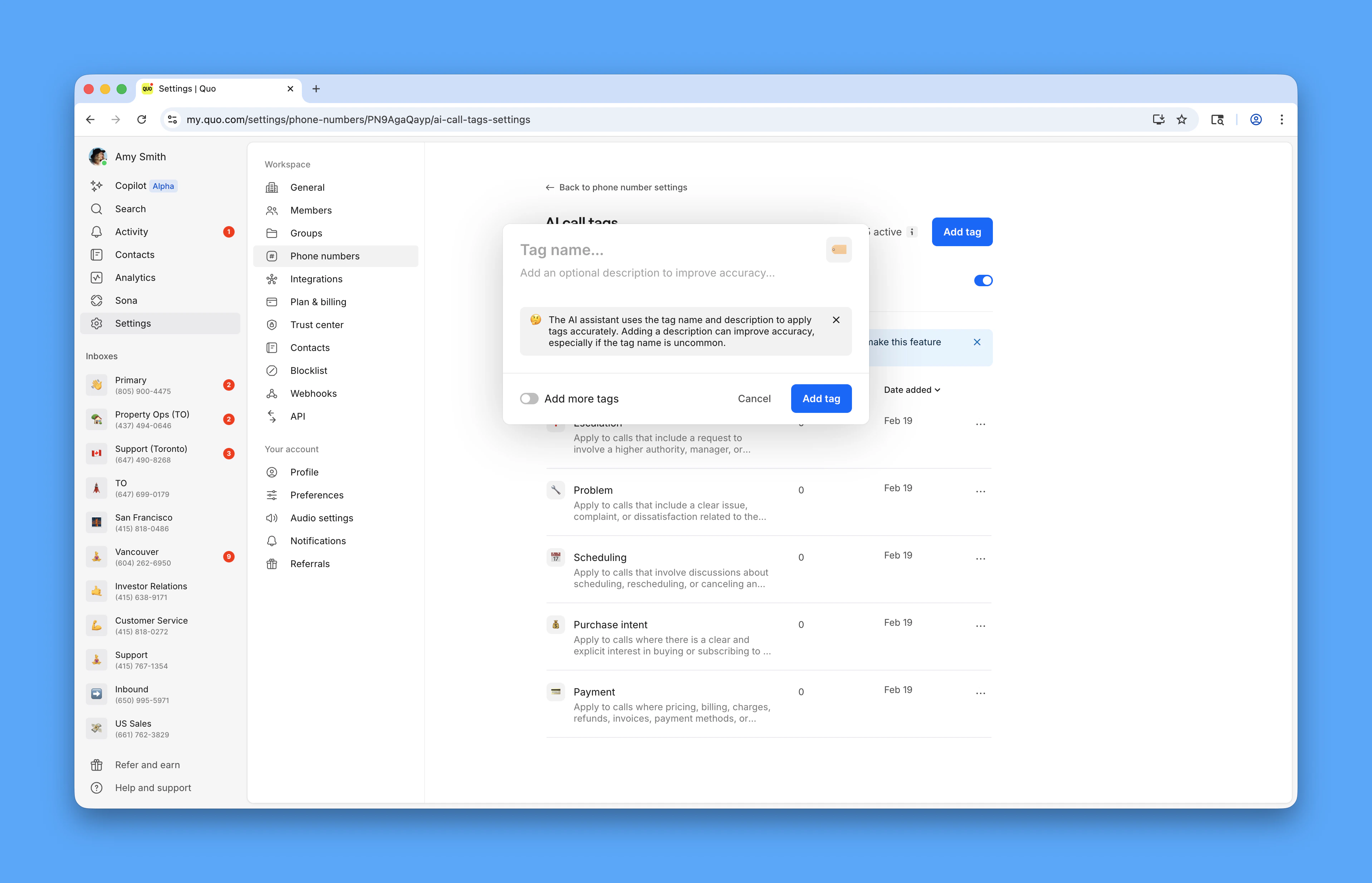 Creating custom AI call tags interface