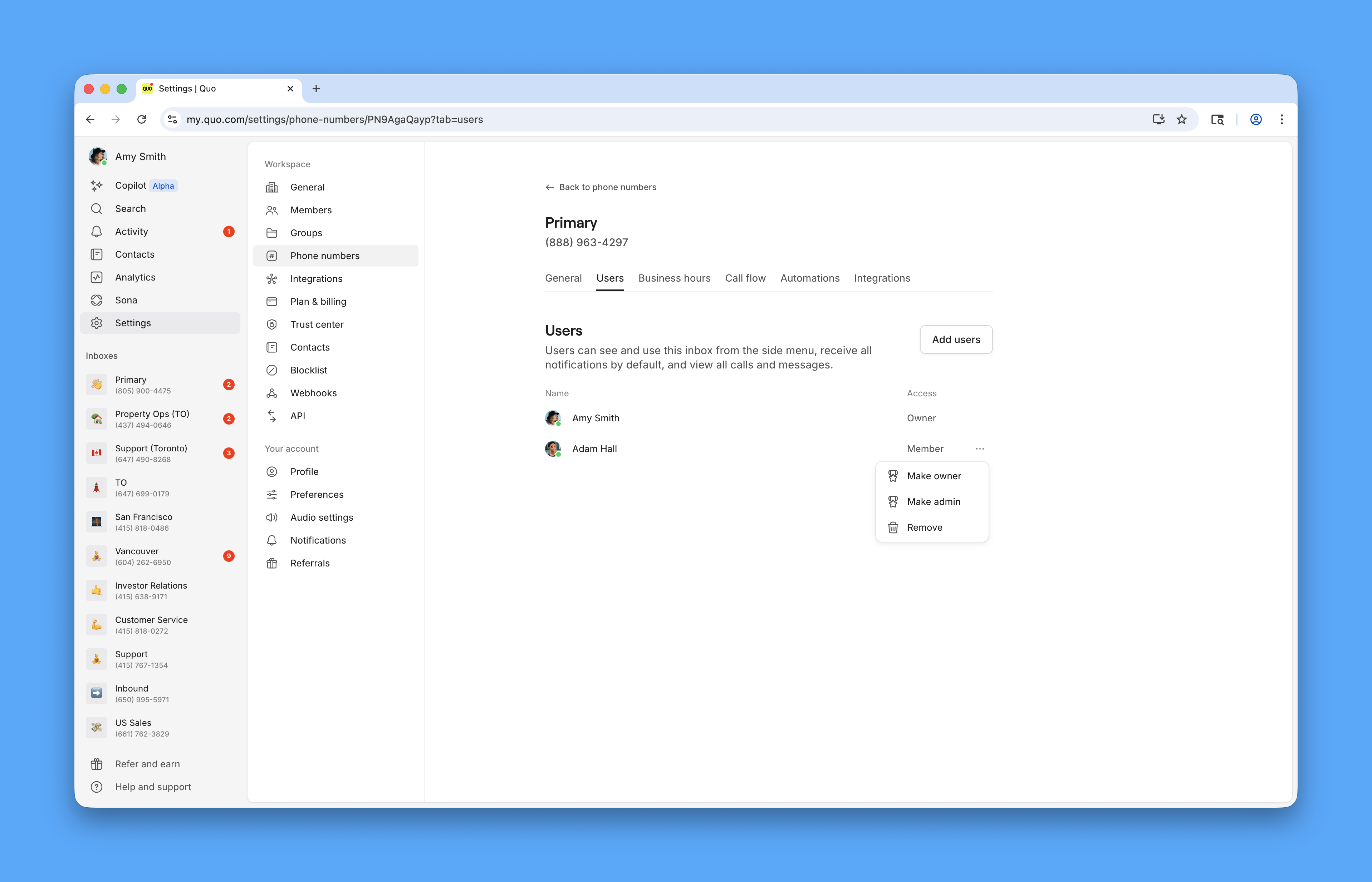 User role selection for shared number access