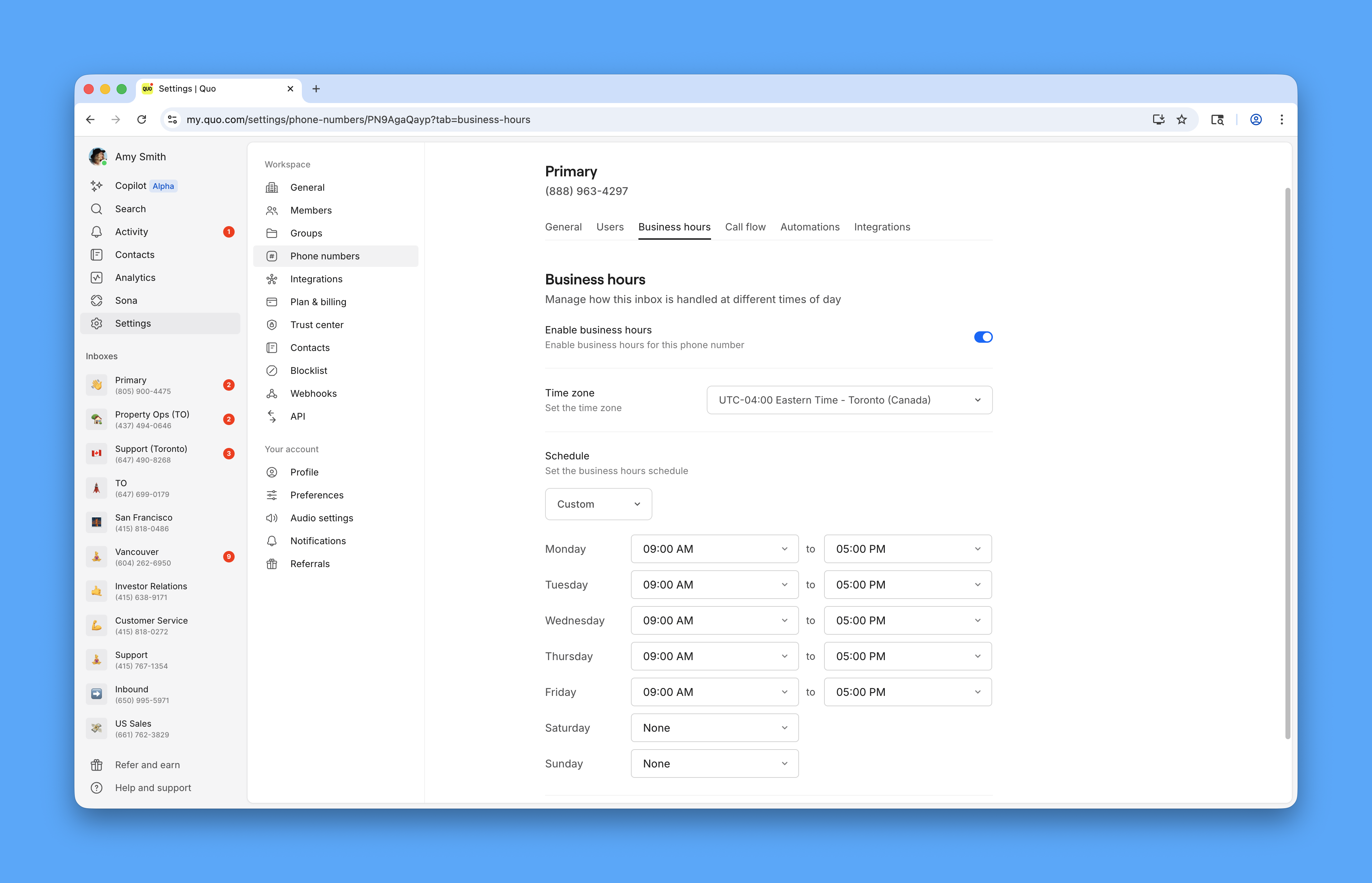 Business hours configuration in call flow builder
