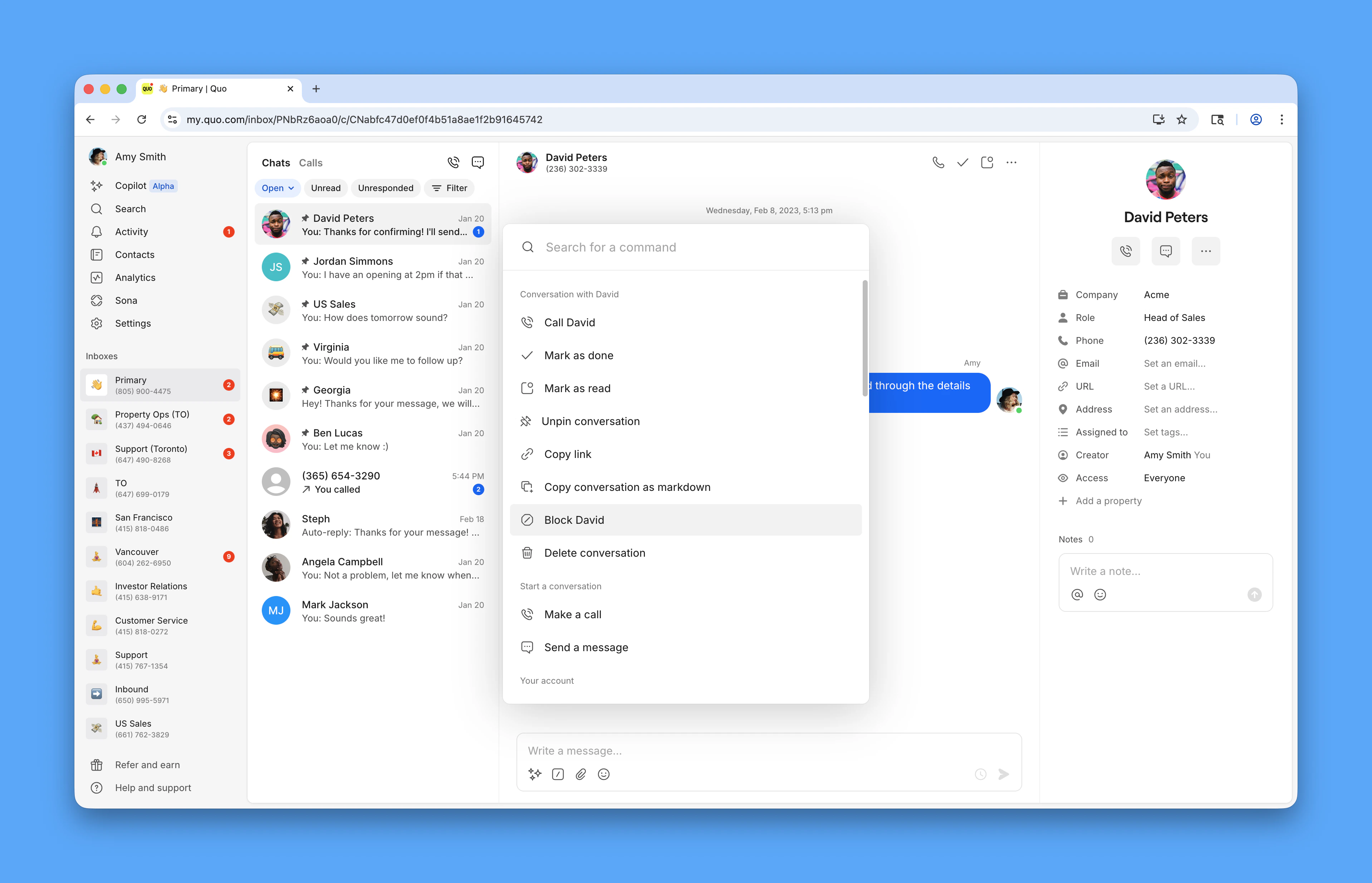 Blocage d’un contact dans l’appli Web Quo