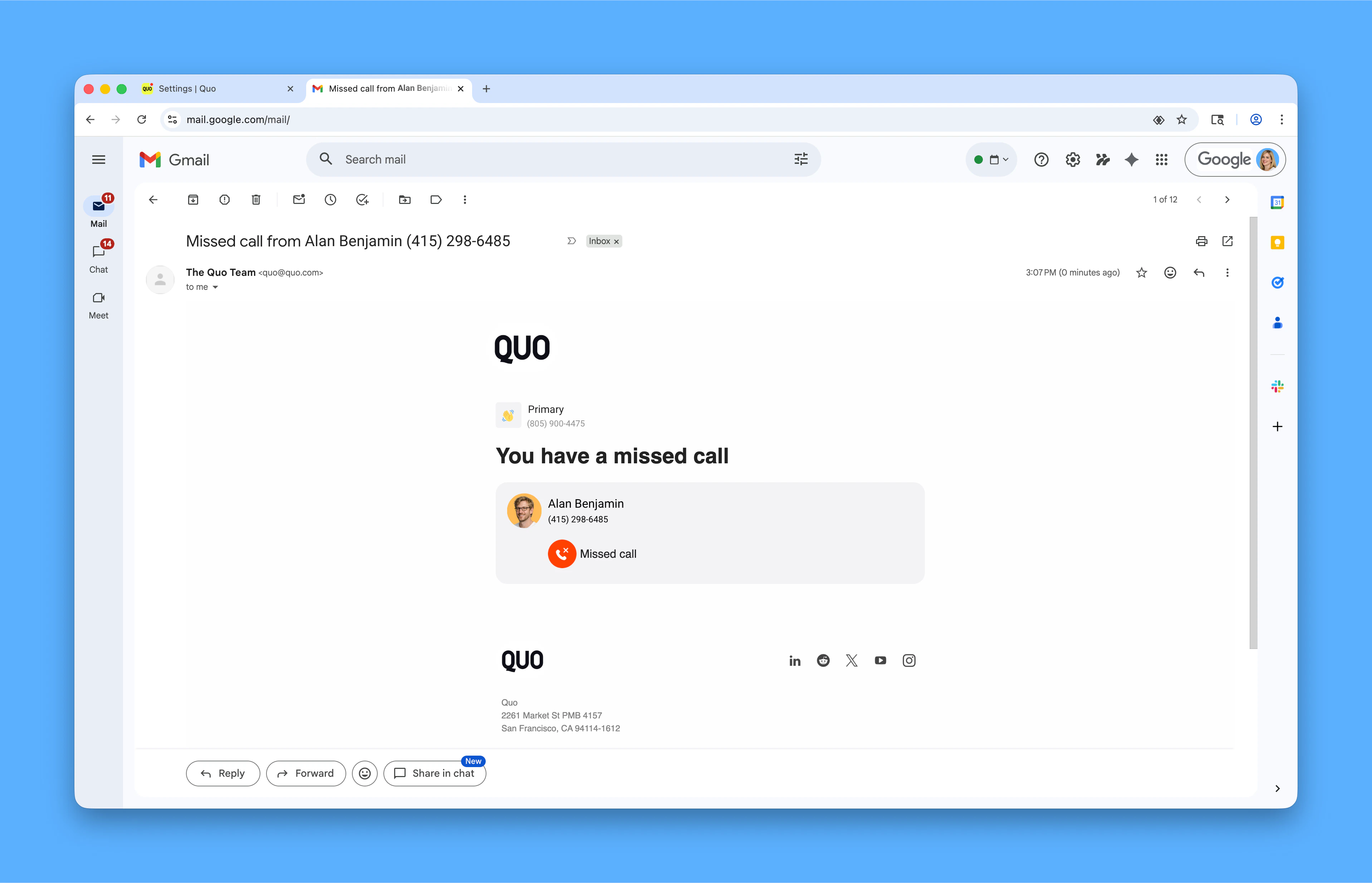 Example voicemail notification in Gmail inbox