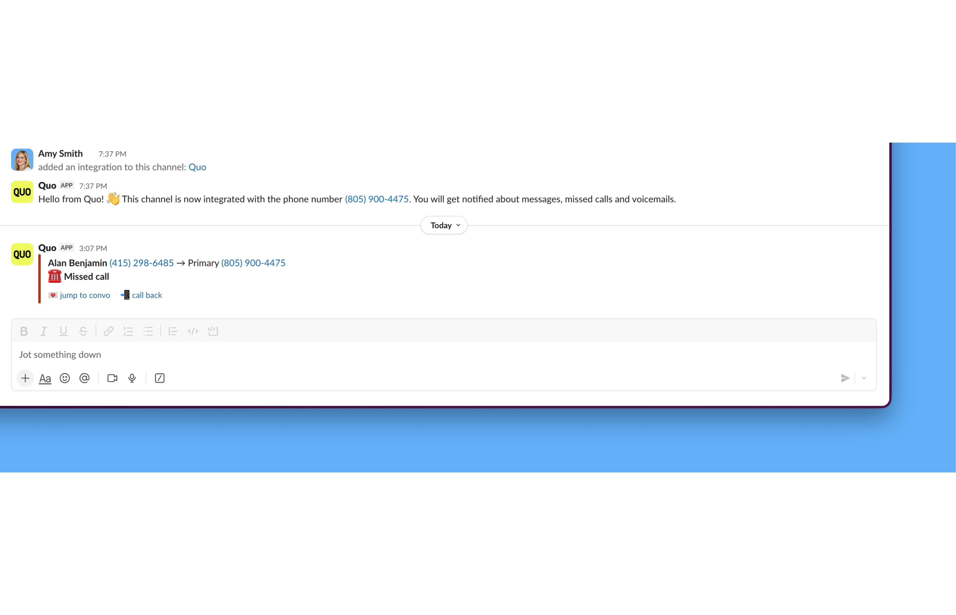 Quo notifications in Slack channel