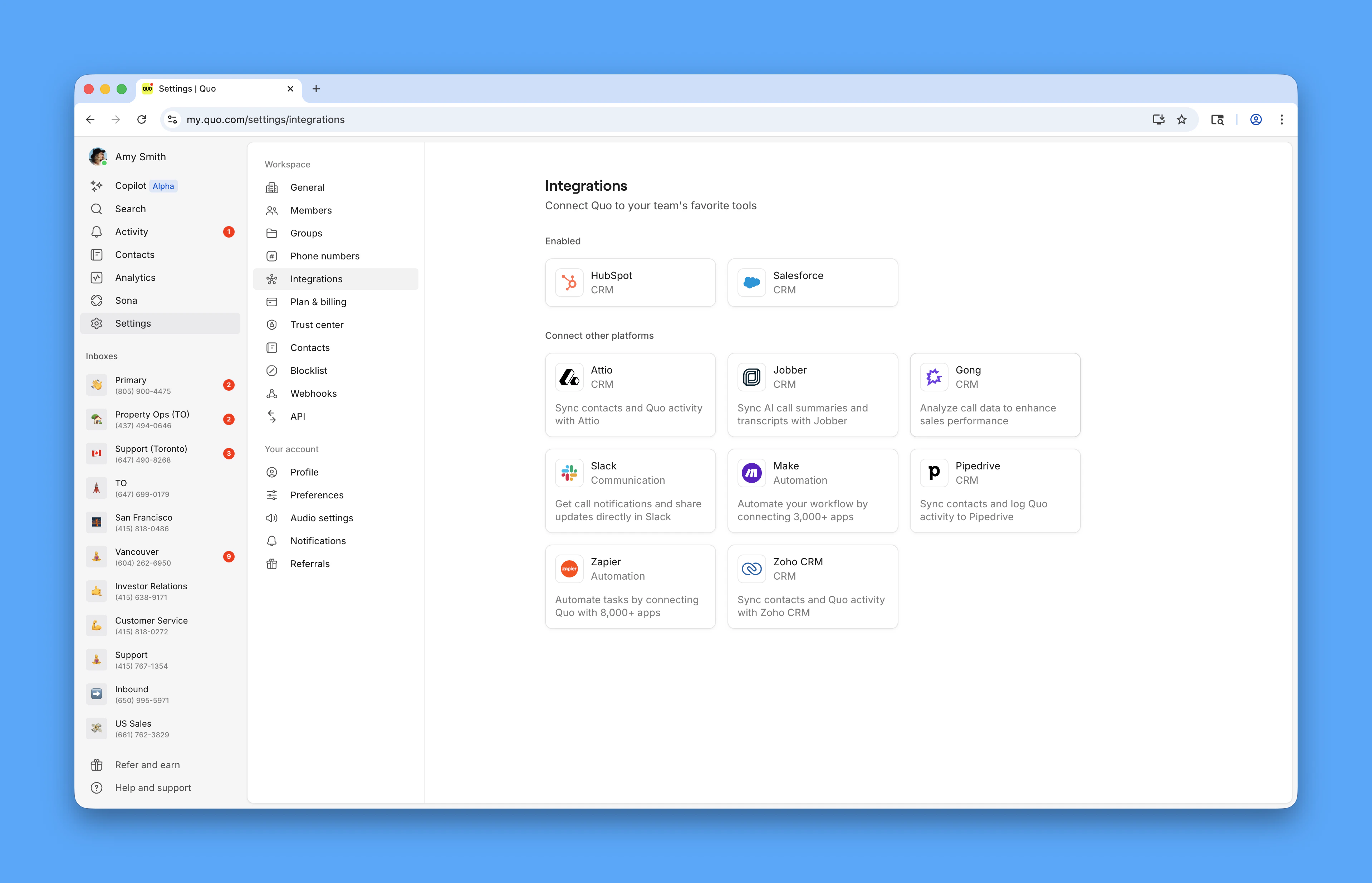 Selecting Gong integration in Quo workspace