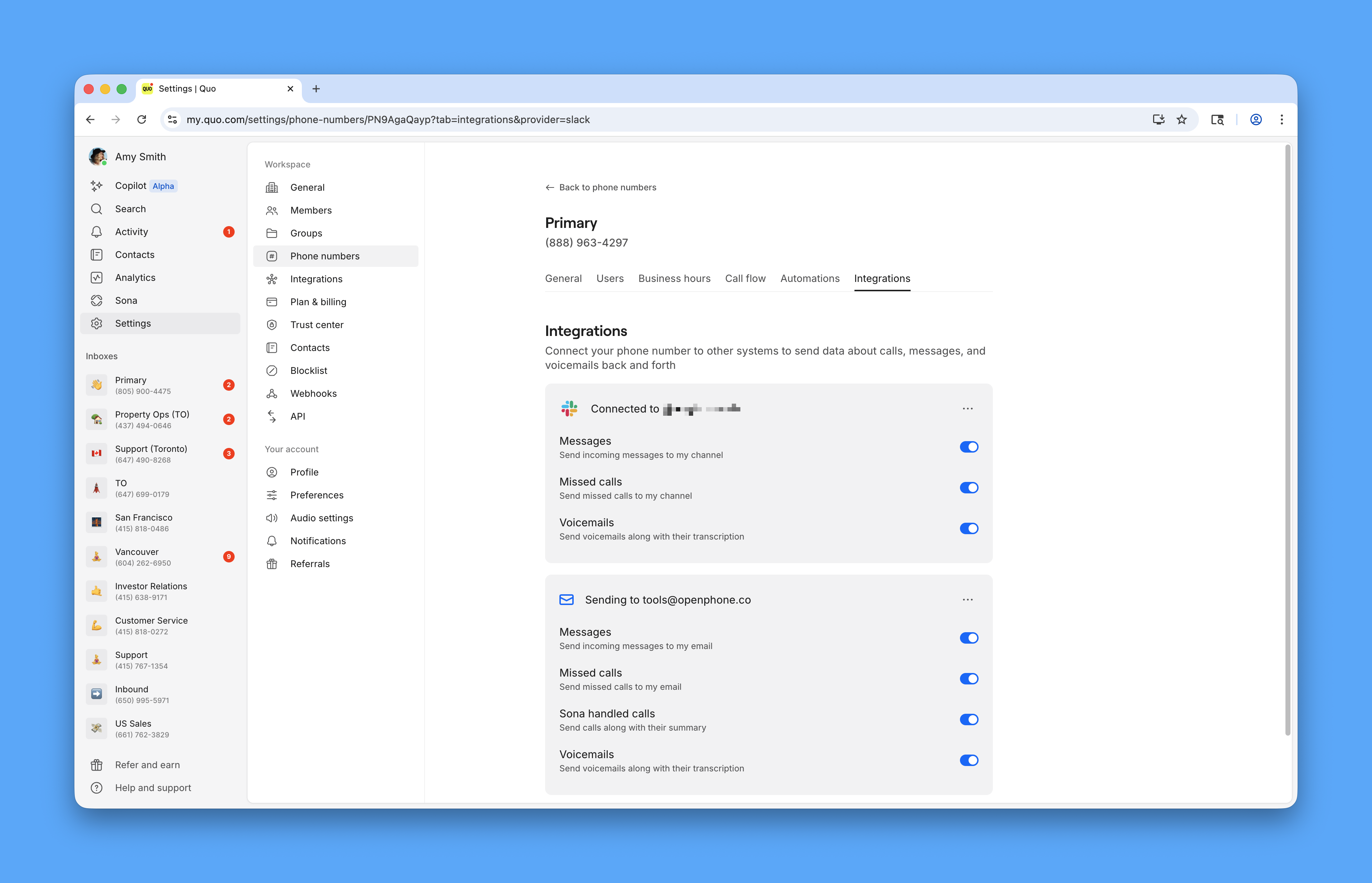 Slack integration setup interface