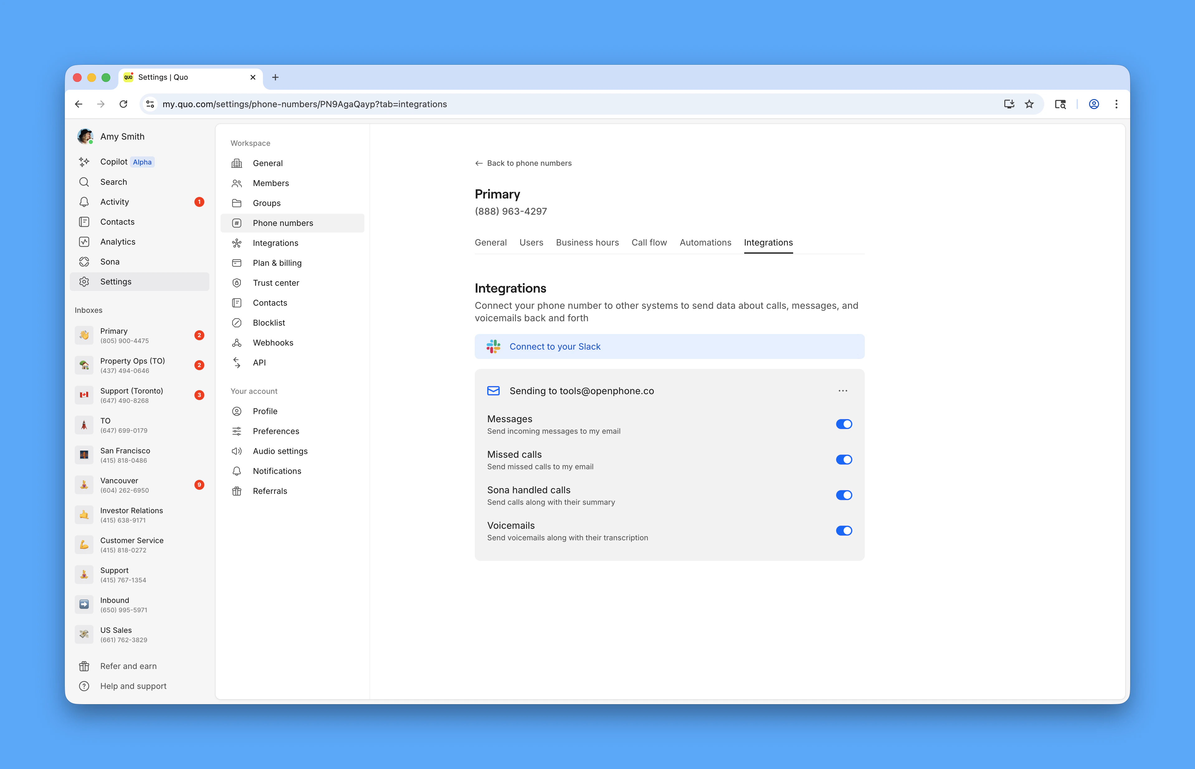 Email integration setup interface