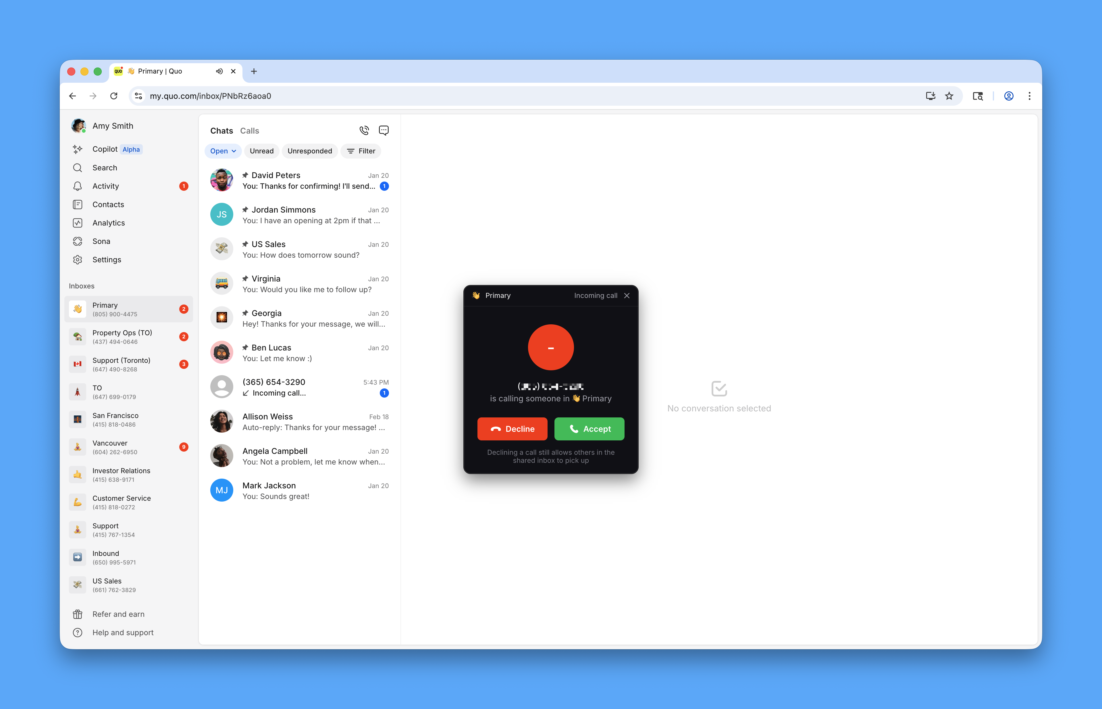 Incoming call with name and emoji on desktop