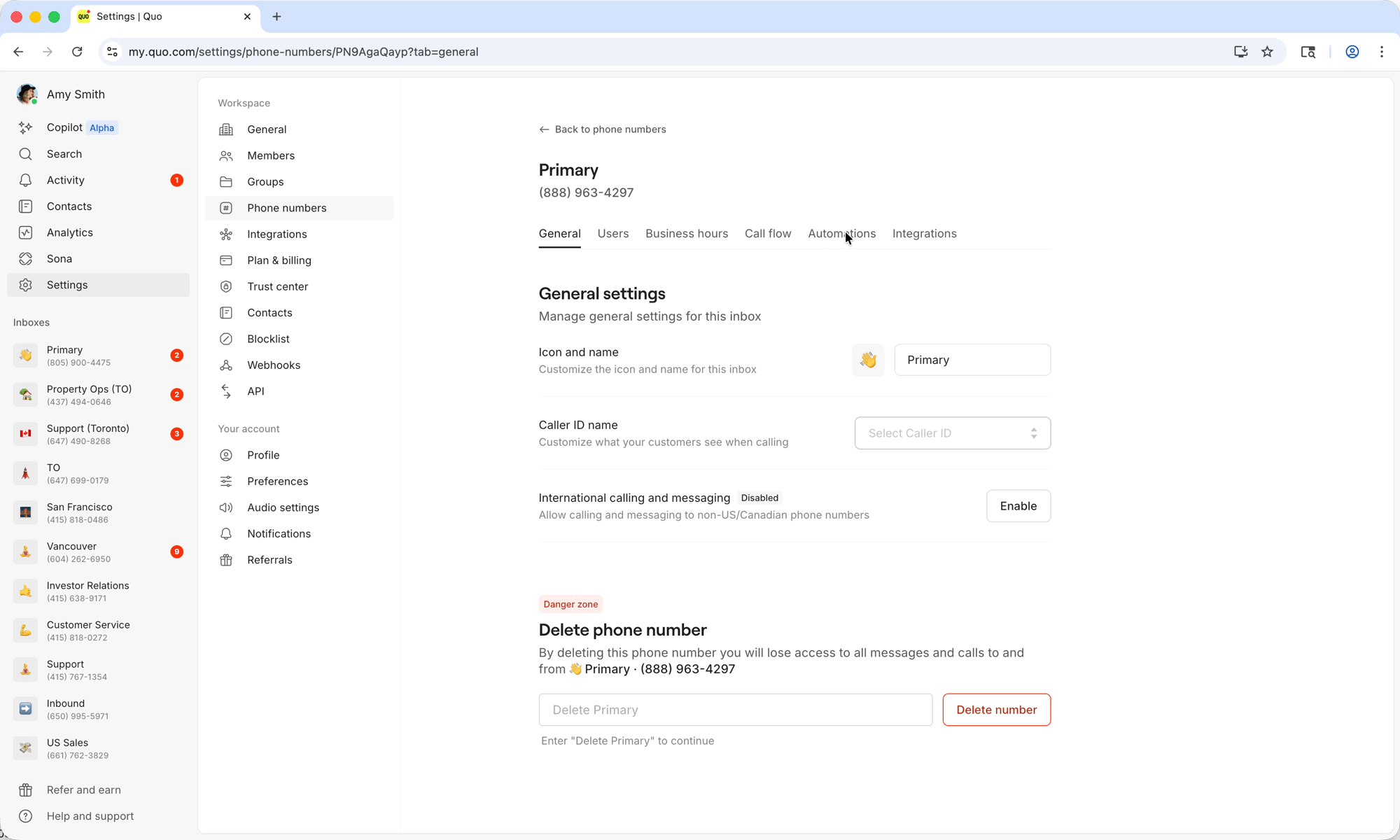 Enabling AI call tags in phone number settings